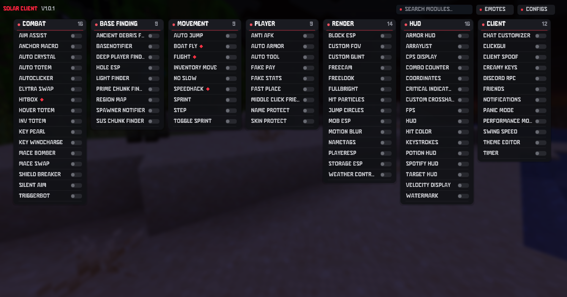 Solar Client ClickGUI showing the module categories